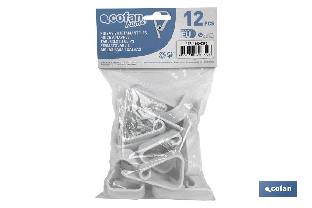 Pack de 12 Pinzas para sujetar manteles | Fabricadas en PVC blanco | Clips sujetamanteles flexibles y resistentes